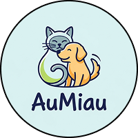 logo 2 pets, 1 cachorro e 1 gato, com o nome da clínica 'AuMiau'.